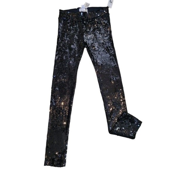 ALICE + OLIVIA SCOOP Black Sequin Pull-On Leggings Pants Mid Rise Sz M New - Picture 2 of 7